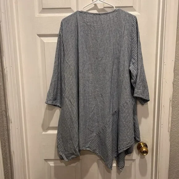 For Cynthia Blue White Vertical Striped Linen Blend Lagenlook‎ Tunic Top 2X - Picture 6 of 7